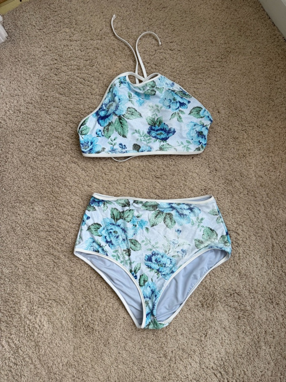 aerie White Halter High-Waist Bikini with Blue and Green Floral Print